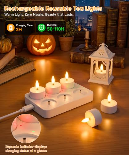 Dehobo Rechargeable LED Tea Light Candles Birthday Decoration 6 Pieces – Decorative Flame-Effect Candles with Charging Base More than 50 ~ 110 Hours – Flameless Candles for Party Home Living Room