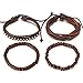 Mix of 4 Brown Wrap Bracelets for Men and Women, Multi-strand Wood Beads Rivets Leather Wristbands