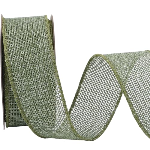 CABODYALS 9.1M 38mm Green Burlap Wired Ribbon Vintage Rustic Jute Wreath Natural Garland Spring Sage Moss Green Holiday Weave Wide Christmas Ribbons for Gift Wrapping Sewing Making Cloth Party Decor