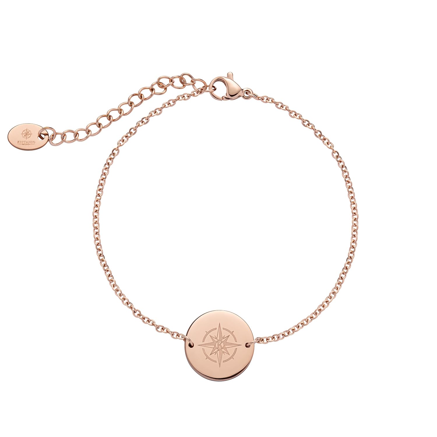 Kistanio Women's Bracelet with Engraving, Modern Stainless Steel Bracelet with Round Coin Pendant, Adjustable 16-21 cm Long, Silver or Rose Gold, Rose Gold, 16 centimeters, Modern