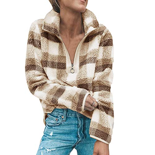 image for XOWRTE Women's Lattice Wool Zipper Cotton Winter Warm Coat Blouse Tops