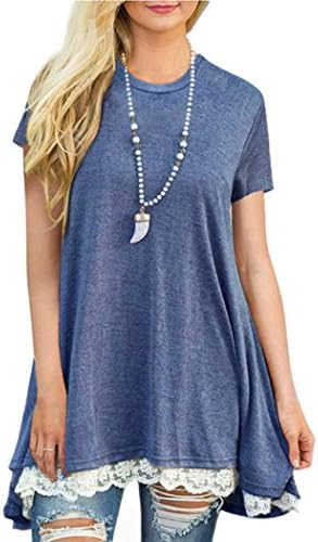Laucote Short Sleeve T Shirt,Women Casual Flare Black Tops Plus Size Lace Tunic Navy