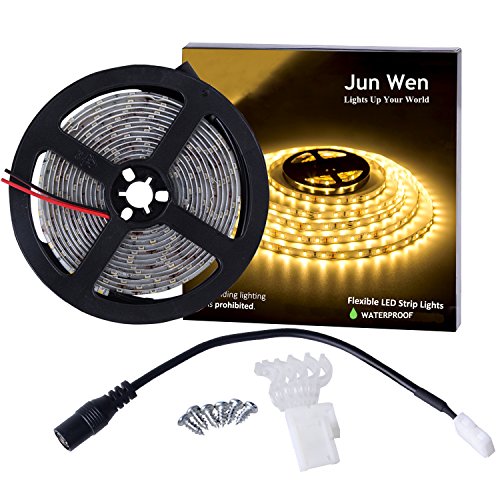 JUNWEN LED Flexible Strip Lights, Waterproof 300LEDS Tape Lighting, 16.4ft/5M 12V String Light, Warm White, SMD 2835, Mounting Bracket Fixing Clip for Hallway Staircase Corridor Collectable Bookshelf