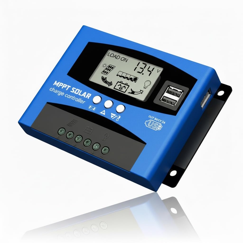 Fuhuihe 12V/24V MTTP Solar Charge Controller Solar Panel Battery Charger Intelligent Regulator with Dual USB Port LCD Display Overcurrent Protection for Home, Industry, Commercial (blue, 50A) — image 1