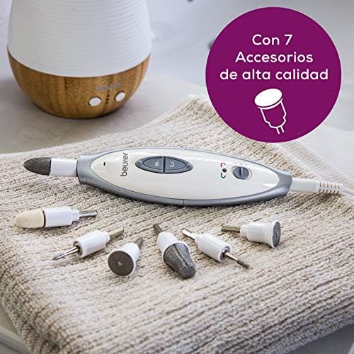 Beurer MP 41 Conjunto profissional de manicure e pedicure, berbequim para unhas com 7 acessórios, luz LED, rotação direita/esquerda, 2 velocidades, saco incluído