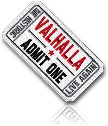 [Single Count] Custom and Unique (3" x 1.5" Inch) Rectangle "Valhalla Admit One Die Historic Live Again" Vikings (Military) Embroidered Hook Fastener Patch {Red, Grey, Black &amp; White Colors} {LICENSED}