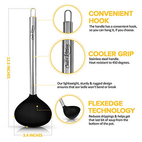 Silicone & Stainless Steel Black 4 Ounce Soup Ladle w/CoolGrip Handle & Flexedge Silicone by Cooler Kitchen (4 Oz)