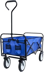 Collapsible Outdoor Utility Wagon Folding Garden Shopping Beach Cart with Adjustable Handles and Cup Holders for Shopping and Park Picnic, Beach Trip, Outdoor Activities, Camping (Blue)