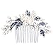 EVER FAITH Silver-Tone Austrian Crystal Cream Simulated Pearl Floral Leaf Branch Wedding Hair Comb Blue