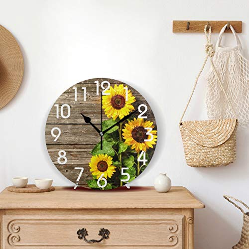 Naanle Stylish 3D Beautiful Sunflowers Vintage Wood Print Round Wall Clock, 9.5 Inch Battery Operate - //medicalbooks.filipinodoctors.org
