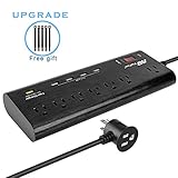 FlePow Surge protector 7 AC Outlets Surge Protector Power Strip 1625W/13A with 5 Smart USB Charging Ports 40W/8A, Supports Fast Charger, Unique Pass-through Plug 5.9ft Black