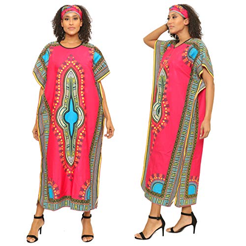 Dashiki Print Kaftan Dress African Print Dashiki Kaftan with Head Scarf (One Size, Fuchsia)