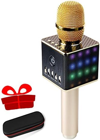 Wireless Bluetooth Karaoke Microphone H8 with LED Lights and Built in Bluetooth Speakers, 2600mAh Handheld Mic Machine for iPhone and Android - Home KTV Karaoke Singing (Gold)