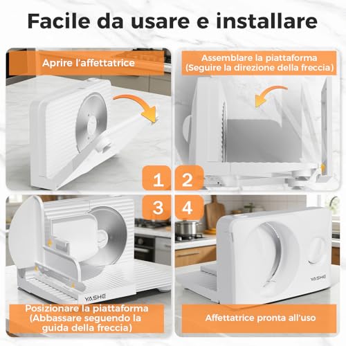 YASHE 180W Folding Electric Household Slicer 17cm Stainless Steel Blade 0-15mm Thick, Compact and Easy to Store for Meat, Cheese, Bread and Vegetables, White