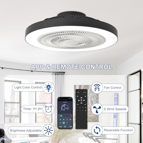 Depuley Recessed Ceiling Fan: 20 inch Discreet Ceiling Fans for Bedroom with Lighting - Application and Remote Control Black Bladeless Fan for Kitchen
