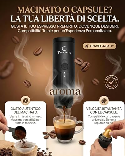 Terrestic Portable Coffee Machine, 80 ml, Portable Coffee Maker, USB Rechargeable Travel Coffee Machine, Compatible with Nespresso Powder and Capsules with Hard Case