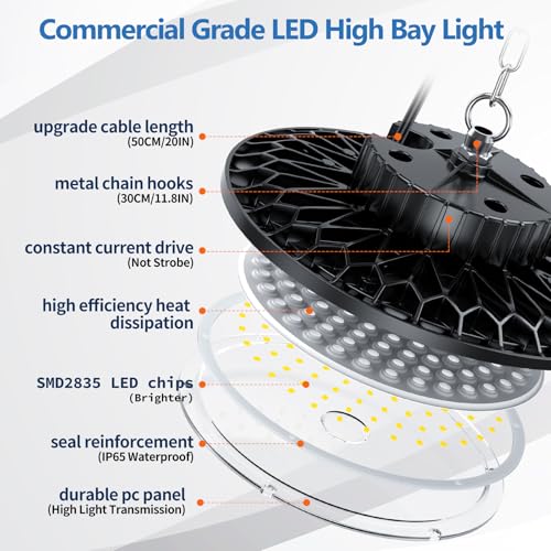 TOPAUBUB 200W UFO LED Interior Ceiling Spotlights, 4 Pieces, LED Ceiling Lamps 20000LM IP65 6500K with Metal Chain 30 cm, Driver, Industrial Spotlight for Garage