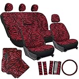 OxGord 21pc Set Zebra Car Seat Cover, Carpet Floor Mats Steering Wheel Cover Shoulder Pads-Airbag-Front Low Buckets-50-50 or 60-40 Rear Split Bench-Universal Fit, Truck, SUV, or Van, Red