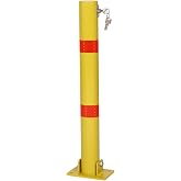 Safety Steel Bollard Post - Foldable Parking Bollard Pole Barrier with Lock &amp; 4 Free Ancher Bolts | Street Pipe Safety Parking Barrier Post for Traffic-Sensitive Area Garage Parking Lot, Round Yellow