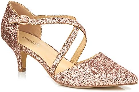 0068 New Ladies Cross Strap Glitter Pointed Ankle Strap Low Kitten Heel Sandals