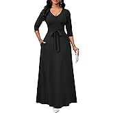 FANDEE Maxi Dress for Women, Long Casual Empire Waist Dresses 3/4 Sleeve V-Neck with Pockets