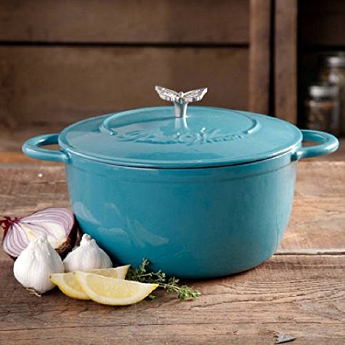 Click Here to See More Images The Pioneer Woman Timeless Beauty 5-Quart Cast Iron Dutch Oven with Stainless Steel Butterfly Knob (Turquoise)