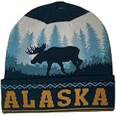 Alaska Beanie Knit Hat Moose in The Trees Colors of Blue Gold White