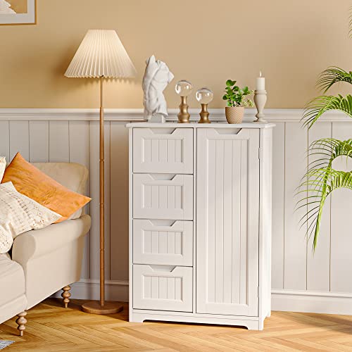 Gizoon Bathroom Floor Storage Cabinet with 4 Drawers, Freestanding Storage Organizer Cabinet with Door and Adjustable Shelves Wooden for Small Places in Kitchen Bathroom Entryway, White