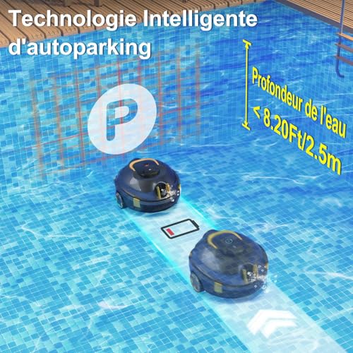 MEDOXA Robot de Piscine sans Fil, aspirateur de Piscine Automatique, 120 Minutes d'autonomie, stationnement Automatique, léger, Puissant Robot pour Piscine Hors-Sol/enterrée jusqu'à 110 ㎡(Noir Bleu)