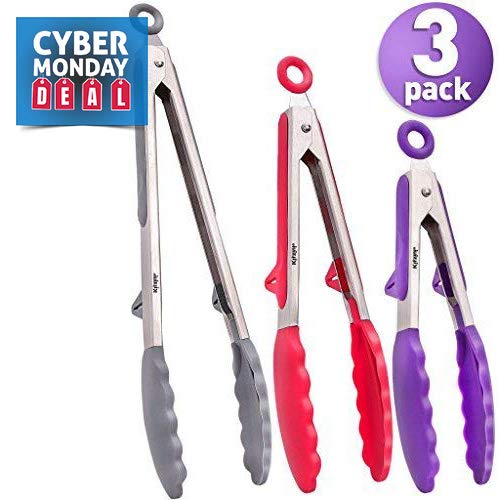 Silicone Kitchen Tongs Cooking Set - 3 Non-scratch Tongs - For All Your BBQ Grill And Serving Needs - Made From Long Lasting Stainless Steel With Silicone Tips - Non-slip Handles And Built-In Rests