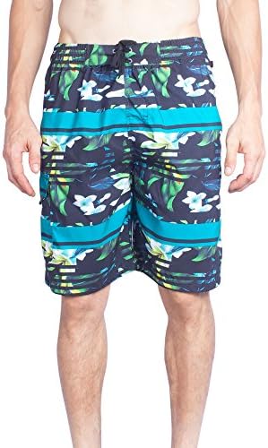 NBN Men's Boardshorts Hawaiian Print Elastic Waist Swim Turnk (Medium,Blue)
