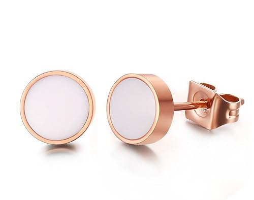 VNOX Edelstahl runder wei?er Emaille Bolzen Ohrring Rosen Gold der Frauen