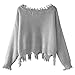 ZAFUL Women's Loose Long Sleeve V-Neck Ripped Pullover Knit Sweater Crop Top (Grey)