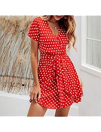 Vestido corto de manga corta con cuello en V y estampado floral de lunares, con volantes, dobladillo irregular, para dama