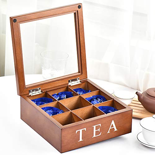 Fonture Wood Tea Storage Box, Teabag Storing 9 Compartments Wooden Tea