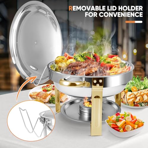 AUUCFW Chafing Dish Buffet Set, 4.5 Liter, Stainless Steel Buffet Set, Round Catering Warmer with Lid Water Tray Holder Fuel Rack Lid Shelf Spoon for Any Party(4 Pcs)