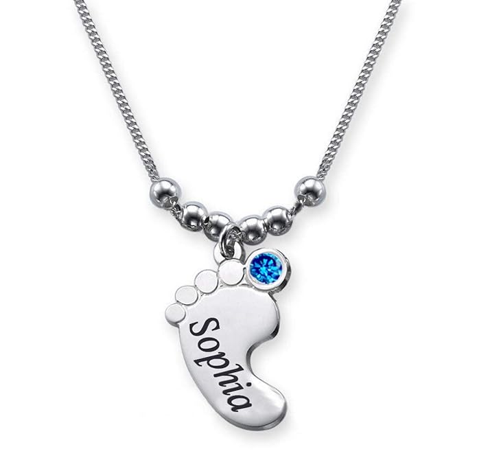 Babyfuß Anhänger mit Gravur des Namen/Mit Geburtsmonat Swarovski Kristall (Geburtsstein)/Halskette (40cm) kompl. echt Silber (SILBER 925 (mit Weiss-Gold überzogen)