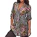 TAORE Women Plus Size Button Down Shirt Vintage Floral Print V-neck Tunic Tops (XXXL, Gray)