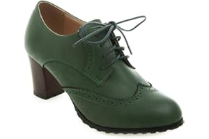 MIOKE Women's Lace Up Wingtip Pump Oxfords Brogues Perforated Chunky Block High Heel Vintage Dress Shoes