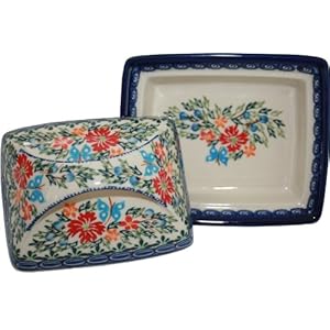 Polish Pottery Ceramika Boleslawiec, 0352/238, Butter Dish Deep, 2 Cubes, Royal Blue Patterns with Red Cornflower and Blue Butterflies Motif