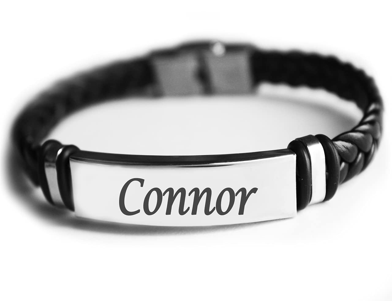 Kigu Name Bracelet CONNOR - Personalised Mens Leather Braided Engraved Bracelet - Gift For Men - Birthday & Christmas