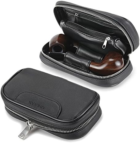 Soft Genuine Leather pipe tobacco pouch case with 2 pipe holder pocket (Black)
