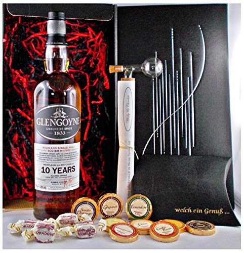 Geschenk Glengoyne 10 Jahre Single Malt Whisky + 1 Glaskugelportionierer + Edelschokolade + Fudge