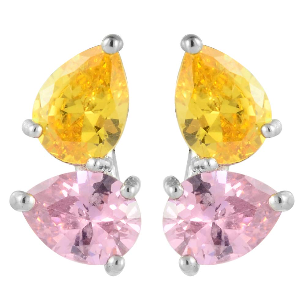 RIZILIA Stud Pierced Earrings with Pear Cut Gemstones CZ [Yellow Citrine & Pink Sapphire] in 18K White Gold Plated, Simple Modern Elegant