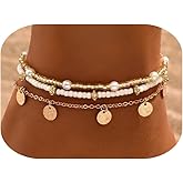 Shell Ankle Bracelet Set for Women,Boho Adjustable Beads Anklet Pack Natural White Shells Stack Stretch Seashell Pearl Starfish Bracelet Set Hawaiian Beach Vacation Foot Jewelry