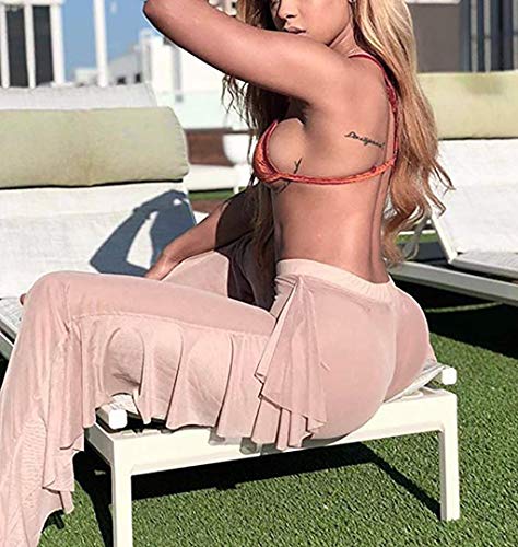 Tantisy ♣↭♣ Women's Plus Size High Waist Solid Skinny Long Pants Fashion Ruffled Layered Design Ladies Sexy Sheer Pants Beige - Thumbnail 6