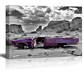 Canvas Prints Wall Art - Abandoned Purple Car in Desert | Modern Wall Decor/Home Decoration Stretched Gallery Canvas Wrap Giclee Print. Ready to Hang - 12" x 18"
