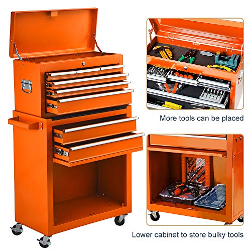 8-Drawer Rolling Tool Box, Rolling Tool Chest with Drawers and Wheels, Tool Storage Cabinet with 4 Swivel Wheels (2Pcs with Brake), Keyed Locking System Tool Organizer (Orange)
