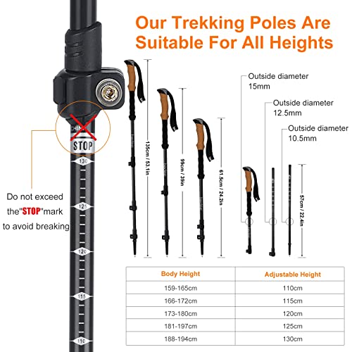 Bastones Trekking, Bastones de Senderismo Telescopicos de Aluminio 7075, Palos Senderismo Ultraligero 65cm-135cm con Mango de Corcho Anti-Sudor, Muñequera Ajustable, para Caminar, Montaña Alpinismo
