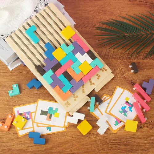 Tetris Wooden Stacking Game Educational Toys with 10 Cards Intelligence Jigsaw Puzzle Children 3 4 5 6 Years Old Colorful Geometric Blocks Tetris Educational Gift